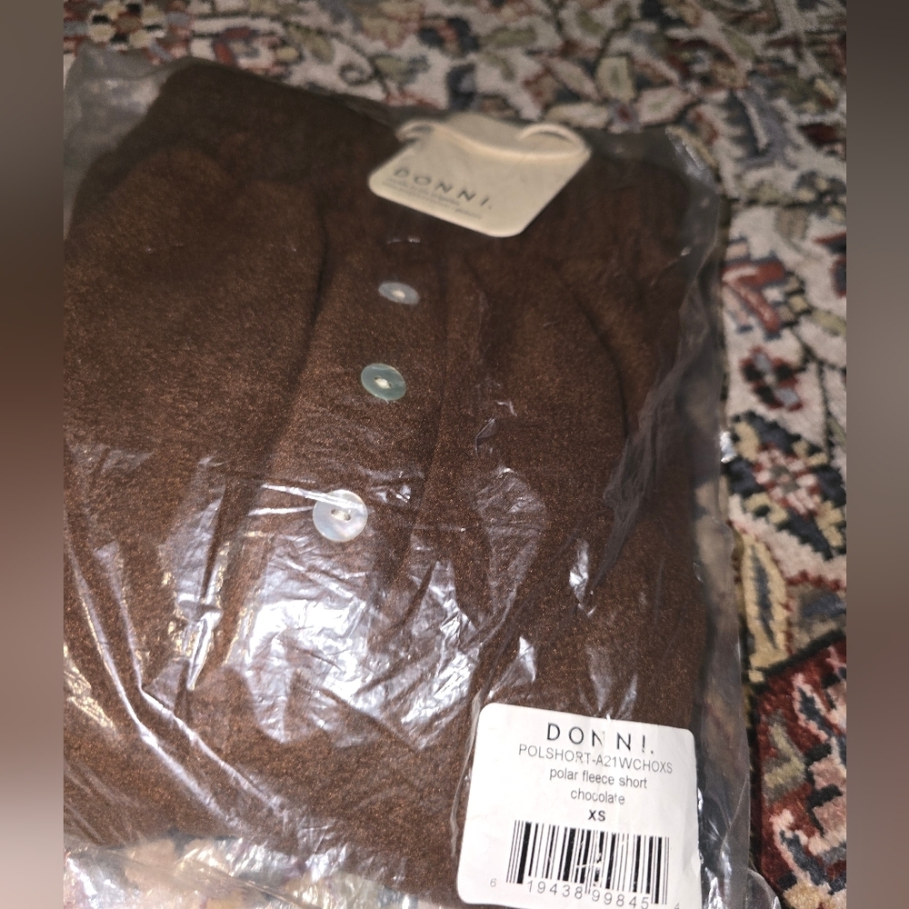 DONNI. Brown Cozy Fleece Shorts with Cream Trim - Picture 5 of 5
